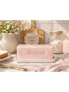 New Pink Buttah Dish Kitchen Decor Ceramic Butter Keeper Farmhouse Storage